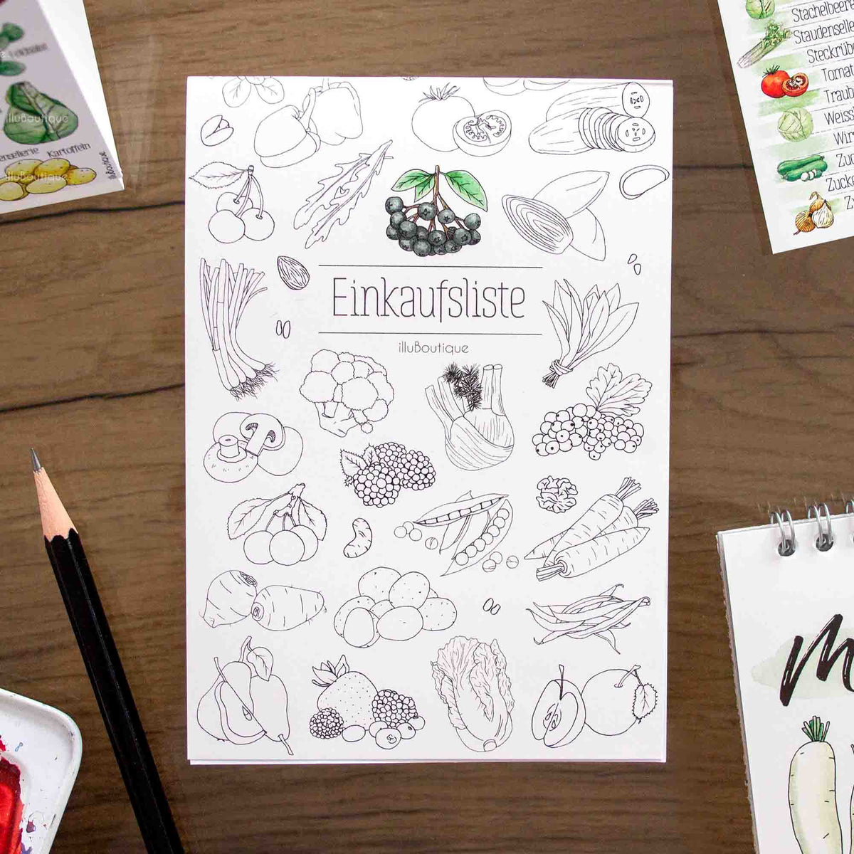 Einkaufsliste-Notizblock A6 mit handgemalten Aquarell-Illustrationen von heimischem Obst und Gemüse, ideal für saisonales Einkaufen