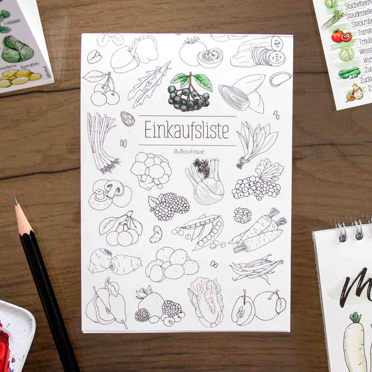 Einkaufsliste-Notizblock A6 mit handgemalten Aquarell-Illustrationen von heimischem Obst und Gemüse, ideal für saisonales Einkaufen