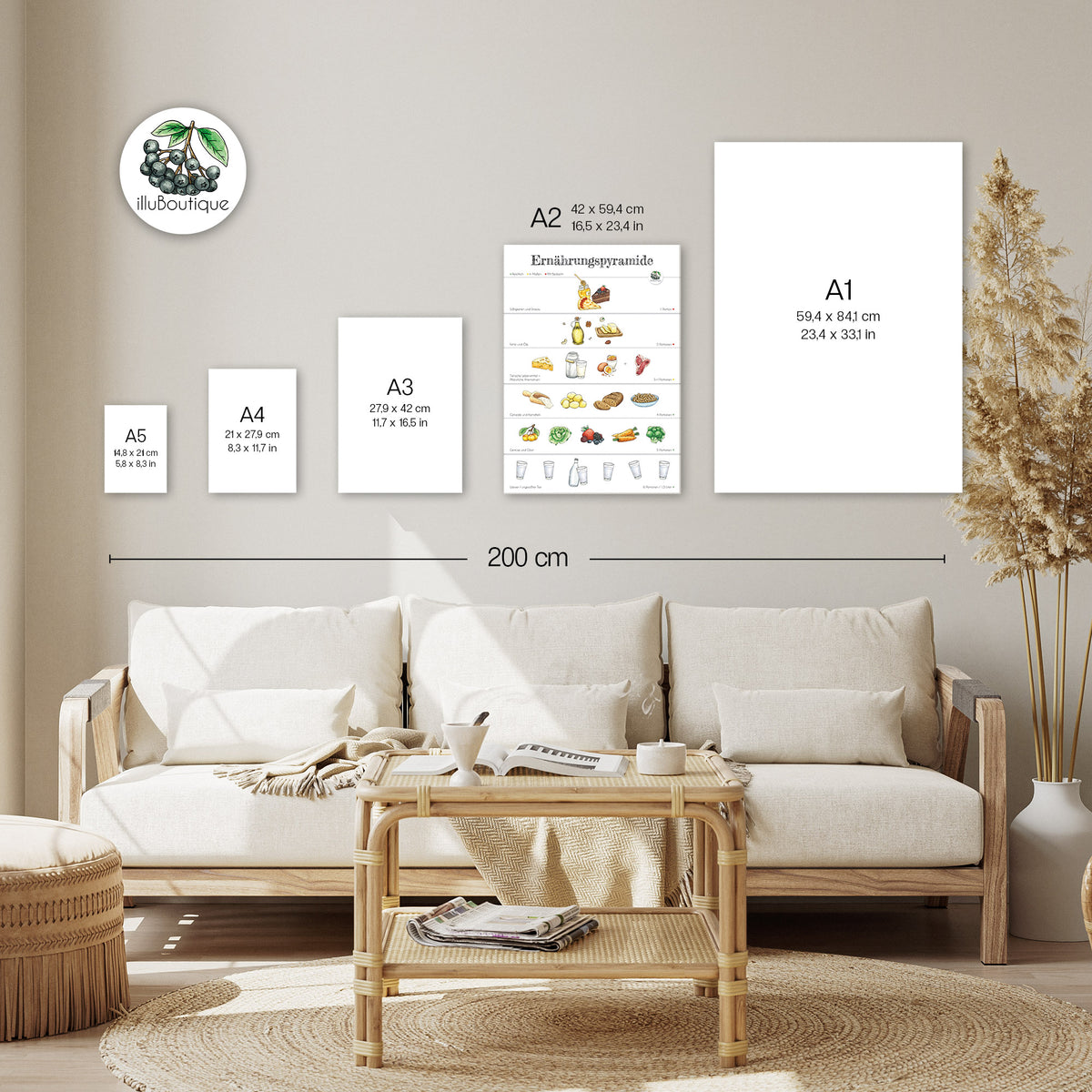 Ernährungspyramide Poster mit Obst Gemüse Brot Butter Öl Käse Wasser Süßigkeiten und anderen Lebensmitteln Größen im Vergleich – A5 A4 A3 A2 A1: Hier siehst du, wie unser hochwertiges buntes Plakat in DIN A2 wirkt – ideal zum Abgleichen, welche Größe für deine Wand am besten passt. Stylisch, informativ und super praktisch fürs Zuhause. Dopamin Dekor für das sad beige millenial core zuhause!