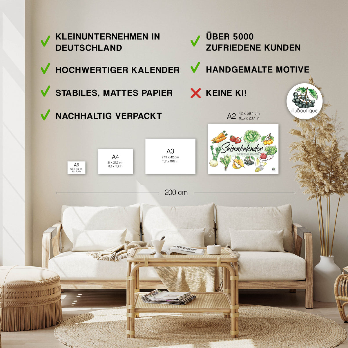 Obst und Gemüse Saisonkalender Größen im Vergleich – A6 A4 A3 A2: Hier siehst du, wie unser bunter Saisonkalender in A2 wirkt – ideal zum Abgleichen, welche Größe für deine Küche am besten passt. Stylisch, informativ und super praktisch fürs Zuhause. Dein Dopamin Dekor im sad Beige millenial core Home. Mit viel Liebe handgemacht um nachhaltig einkaufen zu können und der Umwelt Co2 zu sparen.
