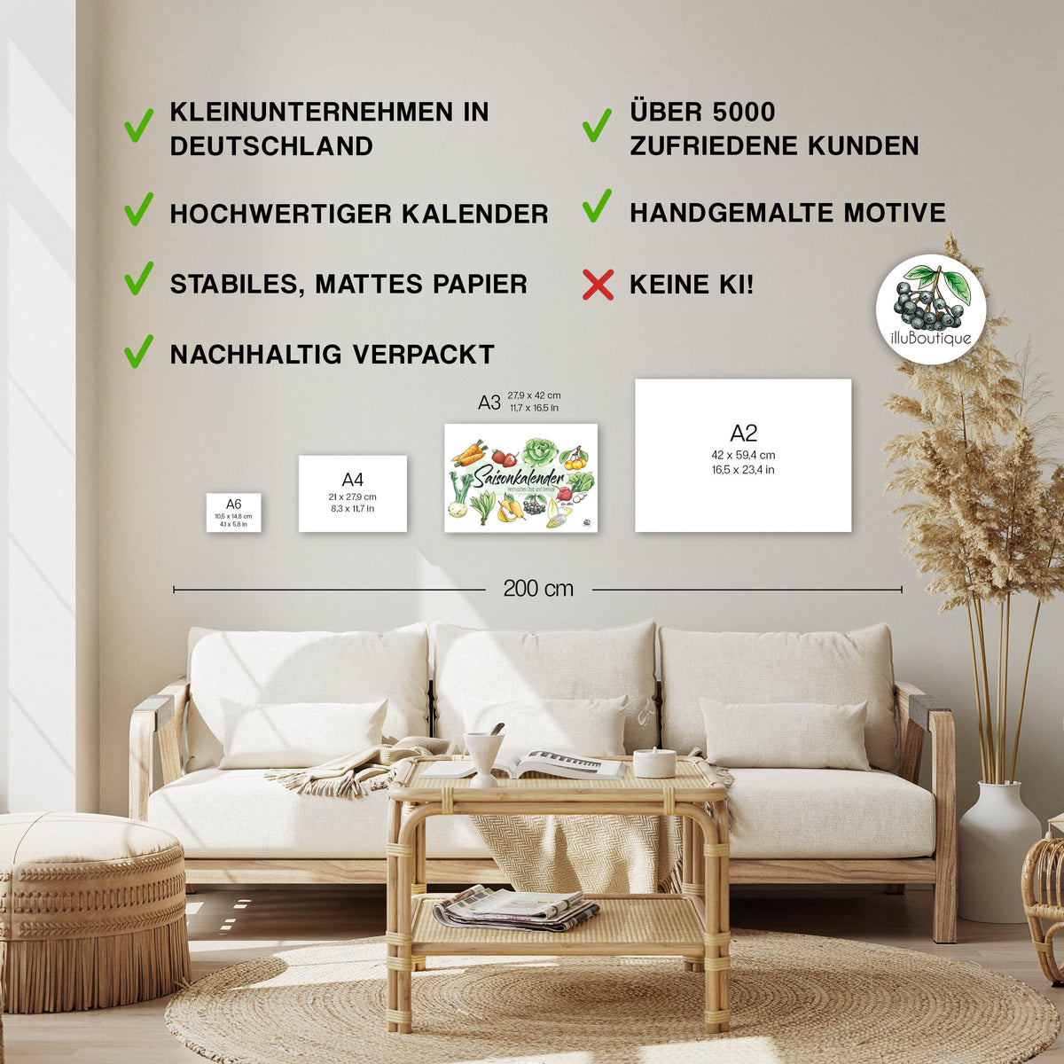 Obst und Gemüse Saisonkalender Größen im Vergleich – A6 A4 A3 A2: Hier siehst du, wie unser bunter Saisonkalender in A3 wirkt – ideal zum Abgleichen, welche Größe für deine Küche am besten passt. Stylisch, informativ und super praktisch fürs Zuhause. Dein Dopamin Dekor im sad Beige millenial core Home. Mit viel Liebe handgemacht um nachhaltig einkaufen zu können und der Umwelt Co2 zu sparen.
