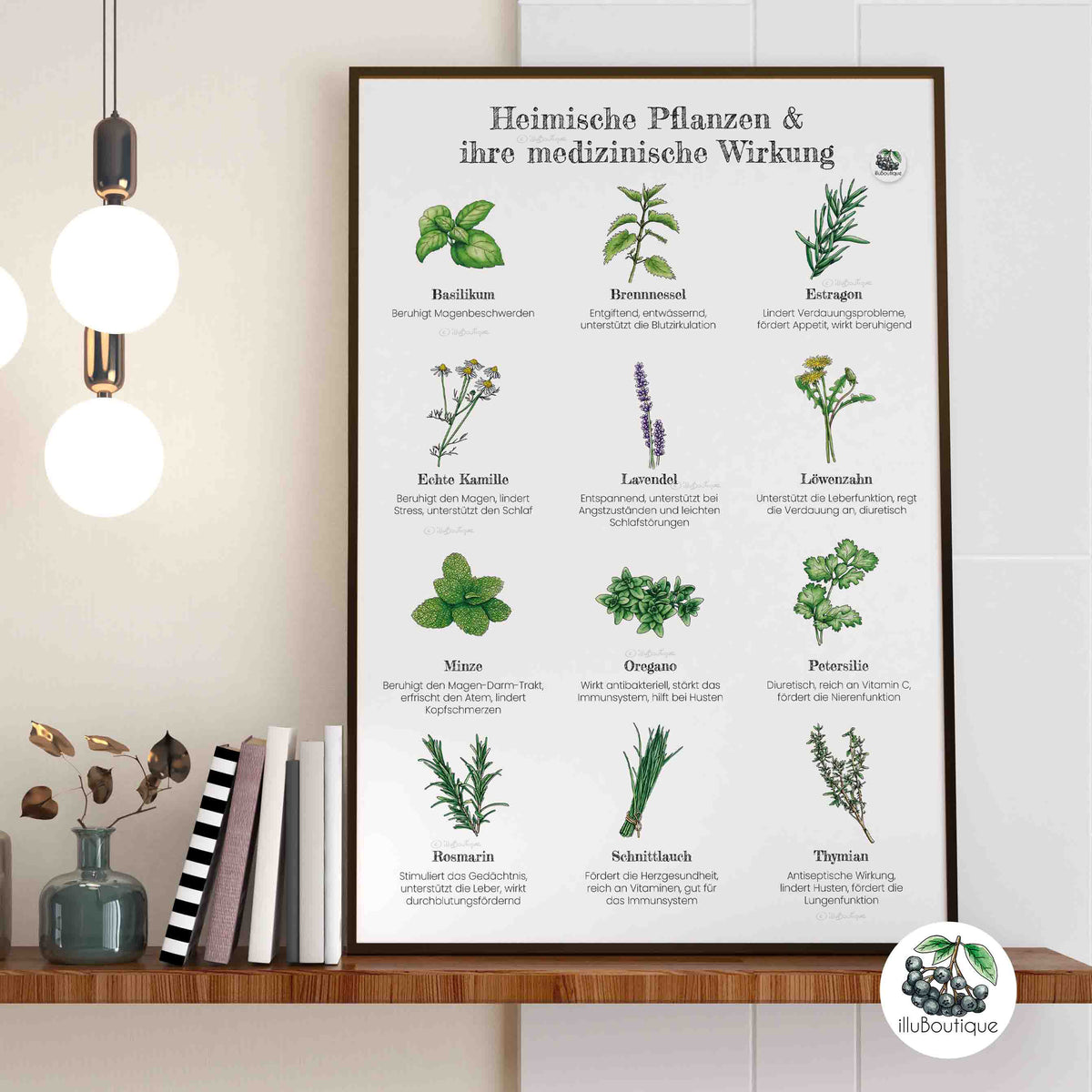 Medizinische Pflanzen Poster im Holzrahmen an einer hellen Wand, handgemalt in Aquarell von illuBoutique. Das Poster zeigt heimische Heilpflanzen und aromatische Kräuter wie Löwenzahn und Brennnessel mit kurzen Fakten zu ihrer medizinischen Wirkung. Erhältlich in den Größen A4, A3 und A2, ideal als dekoratives und informatives Wandbild für Küche, Wohnzimmer oder als besonderes Geschenk für alle, die sich für Naturheilkunde und pflanzliche Hausmittel interessieren.