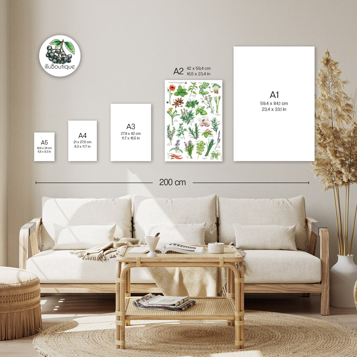 Heimische Kräuter Poster Größen im Vergleich – A5 A4 A3 A2 A1: Hier siehst du, wie unser bunter Print in A2 wirkt – ideal zum Abgleichen, welche Größe für deine Wand am besten passt. Stylisch, informativ und super praktisch fürs Zuhause. Dopamin Dekor für das sad beige millenial core zuhause