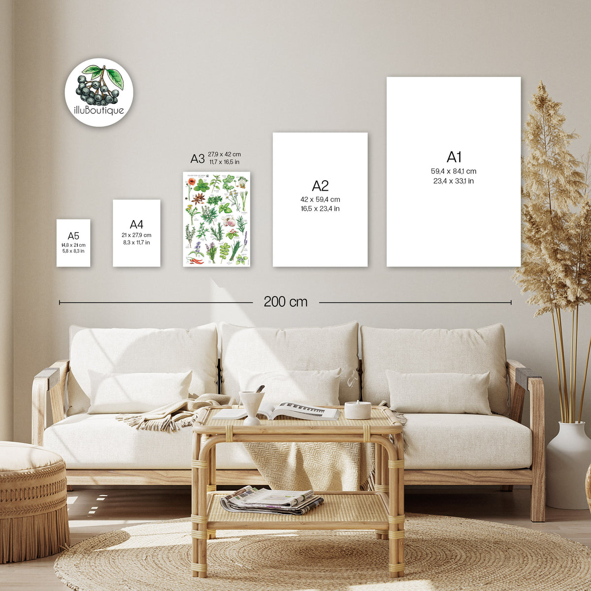 Heimische Kräuter Poster Größen im Vergleich – A5 A4 A3 A2 A1: Hier siehst du, wie unser bunter Print in A3 wirkt – ideal zum Abgleichen, welche Größe für deine Wand am besten passt. Stylisch, informativ und super praktisch fürs Zuhause. Dopamin Dekor für das sad beige millenial core zuhause