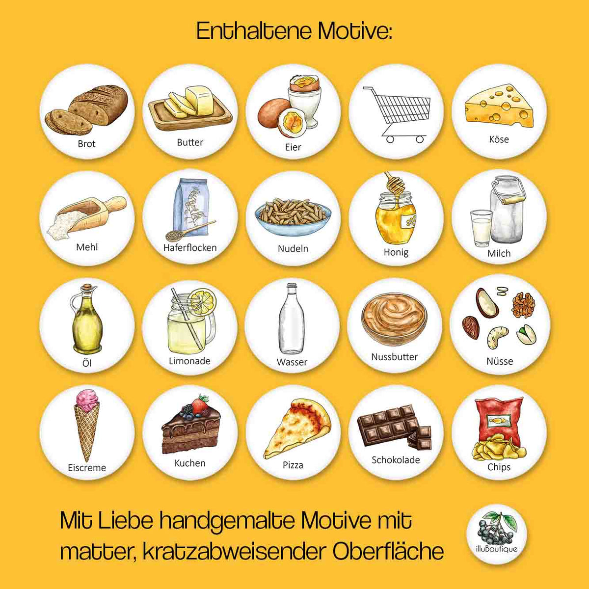 20 handgezeichnete Kühlschrankmagnete mit Lebensmitteln wie Brot Eier Pizza und Schokolade. Ideal zur visuellen Einkaufsplanung für Kinder oder neurodiverse Menschen. Spielerisch und praktisch im Alltag mit starkem Halt und abwischbarer Oberfläche. Perfekt für Familien oder die Organisation in der Küche. Wiederverwendbar langlebig und mit viel Liebe gestaltet. Charmante Unterstützung für Struktur und Selbstständigkeit. Das perfekte Geschenk mit Liebe gemalt