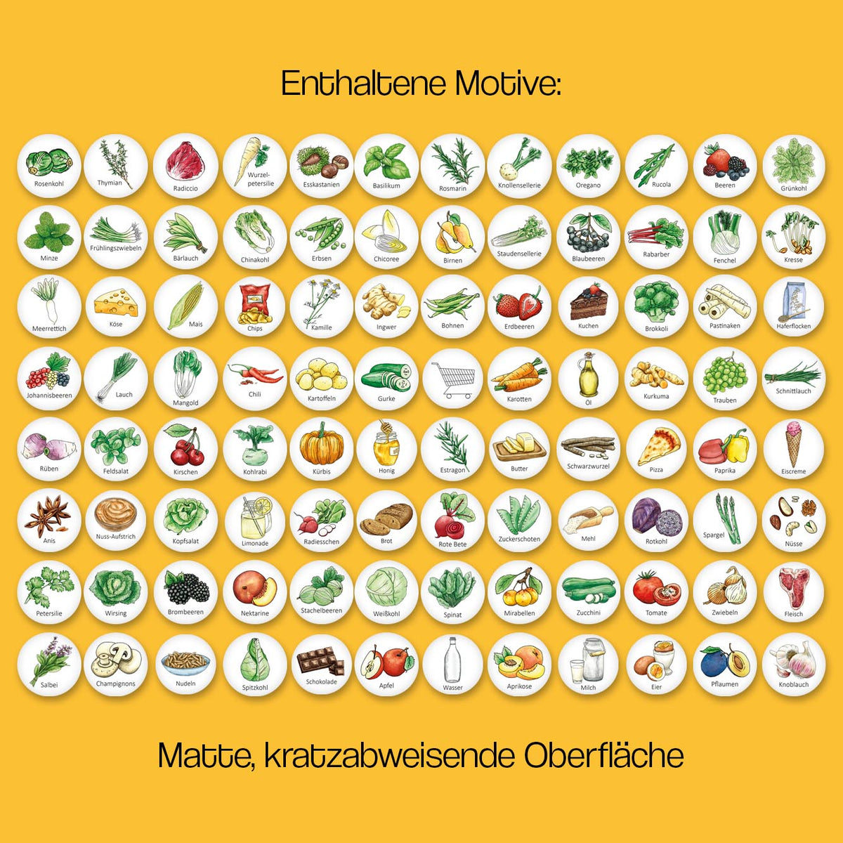 Könnte beinhalten: Eine bunte Illustration verschiedener Lebensmittel, darunter Obst, Gemüse, Kräuter, Gewürze und andere Zutaten. Jedes Lebensmittel ist in einem Kreis dargestellt, unter dem sein Name in deutscher Sprache steht.