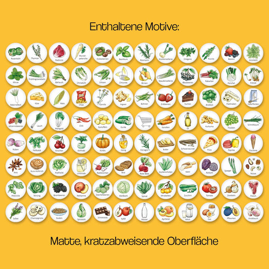 Könnte beinhalten: Eine bunte Illustration verschiedener Lebensmittel, darunter Obst, Gemüse, Kräuter, Gewürze und andere Zutaten. Jedes Lebensmittel ist in einem Kreis dargestellt, unter dem sein Name in deutscher Sprache steht.