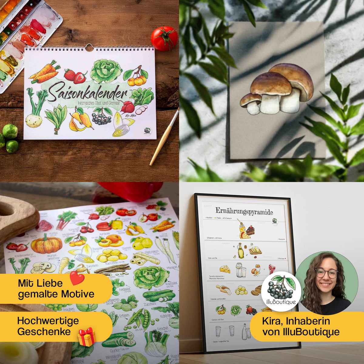 Mit Liebe per Hand gemalte Motive. Hergestellt in Deutschland. Von Saisonkalender über bunte Poster mit Obst Gemüse oder Waldpilze und Lebensmittelpyramide. Es ist ein Bild der Inhaberin von illuBoutique und Künstlerin Kira Klütsch zu sehen.