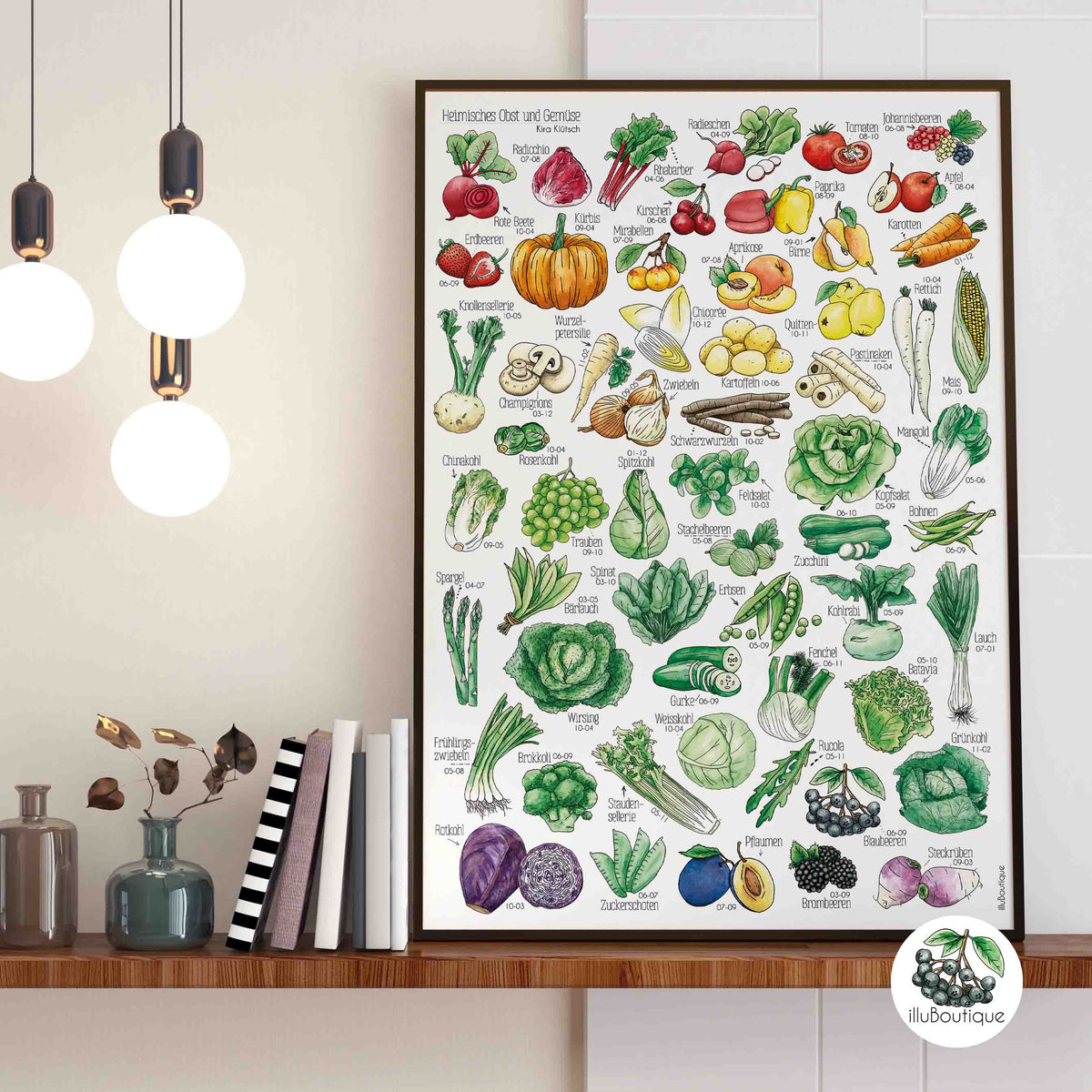 Handgemaltes Aquarellposter mit saisonalem Obst und Gemüse auf einem Regal. Detaillierte Illustrationen mit Beschriftungen. Obst und Gemüse Poster A3 Saisonkalender Print Kunst Illustration Aquarell Kalender besonderes Geschenk Geburtstag für Sie Nachhaltig
