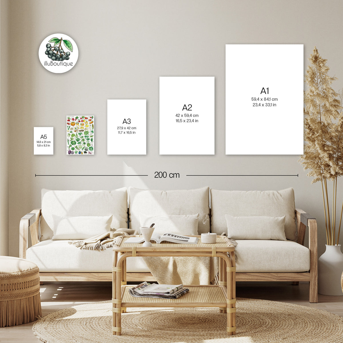 Obst und Gemüse Poster Größen im Vergleich – A5 A4 A3 A2 A1: Hier siehst du, wie unser bunter Saisonkalender in A4 wirkt – ideal zum Abgleichen, welche Größe für deine Wand am besten passt. Stylisch, informativ und super praktisch fürs Zuhause. Dopamin Dekor für das sad beige millenial core zuhause!