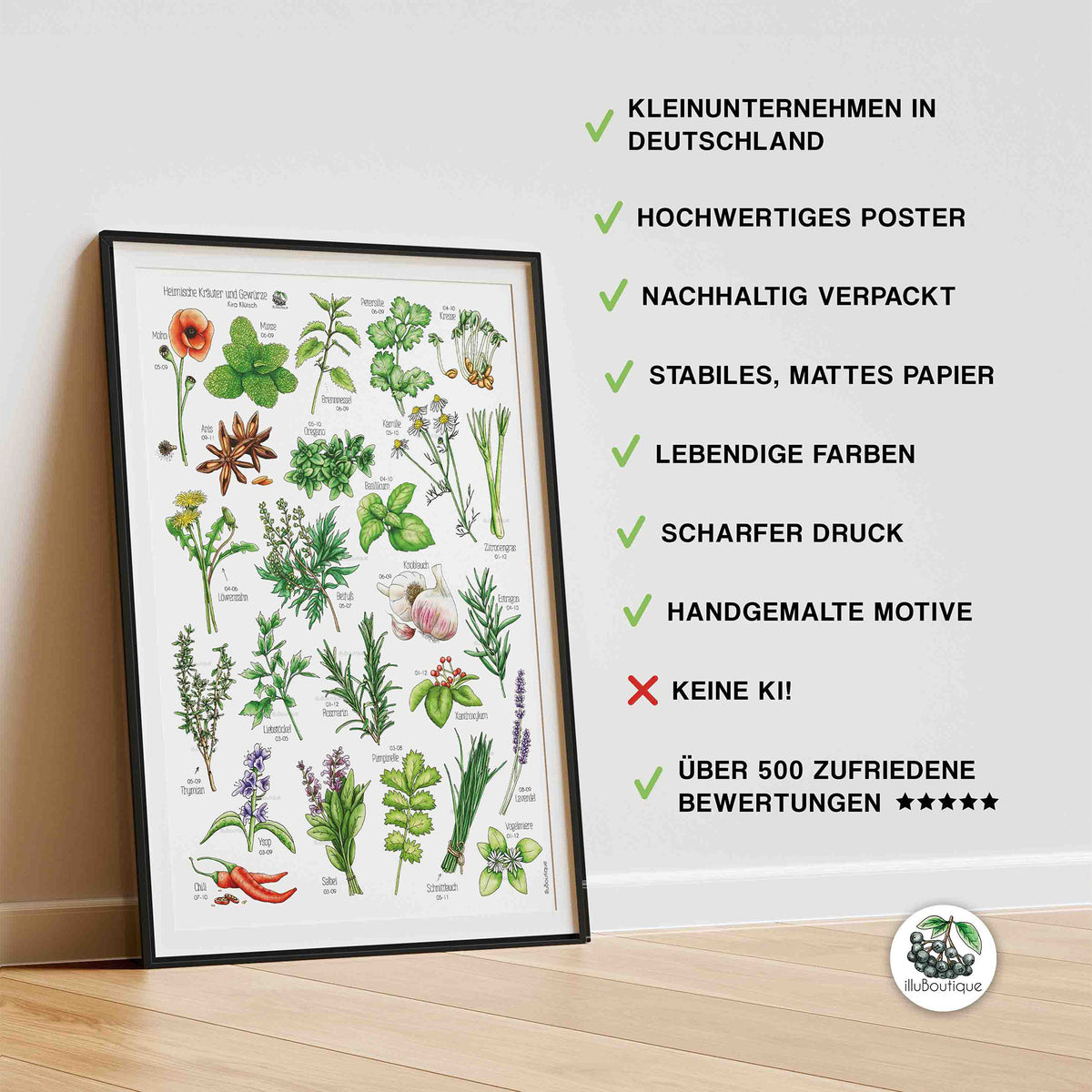 Kräuter und Gewürze Poster in Rahmen lebendige Farben scharfer Druck Premium Poster Hochwertige Qualität Handgemalte Motive, Keine KI, Nachhaltig verpackt, Kleinunternehmen in Deutschland, stabiles mattes Papier