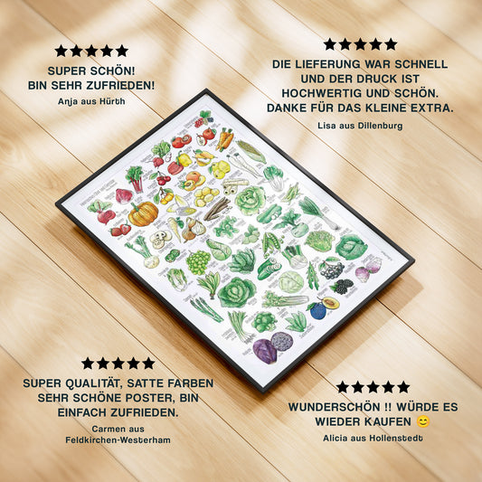 Gerahmtes Poster mit einem farbenfrohen Saisonkalender für Obst und Gemüse liegt auf einem Holzfußboden. Rundherum sind echte Kundenbewertungen mit fünf Sternen abgebildet. Die Stimmen loben Qualität, Farben, schnelle Lieferung und liebevolle Details. Ideal als Geschenk oder Küchenposter. Liebevoll illustriert. Nachhaltig produziert. Macht Lust auf saisonales Einkaufen.